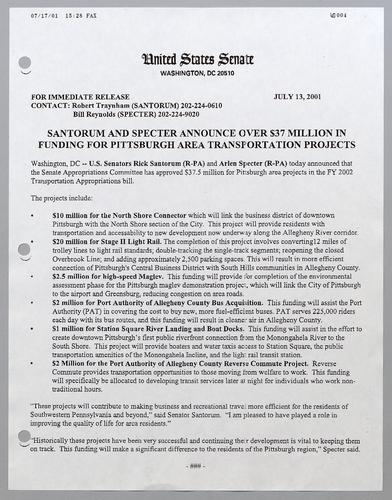 Santorum and Specter announce over $37 million in funding for Pittsburgh area transportation projects