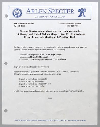 Senator Specter comments on latest developments on the U.S. Airways and United Airlines merger, stem cell research, and recent leadership meeting with President Bush