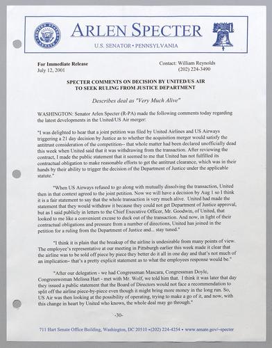 Specter comments on decision by United/U.S. Air to seek ruling from Justice Department