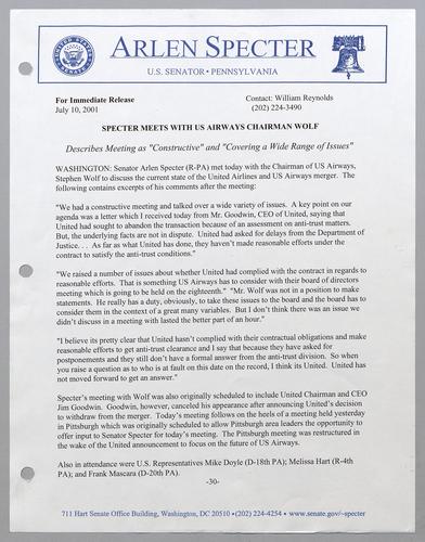 Specter meets with U.S. Airways Chairman Wolf