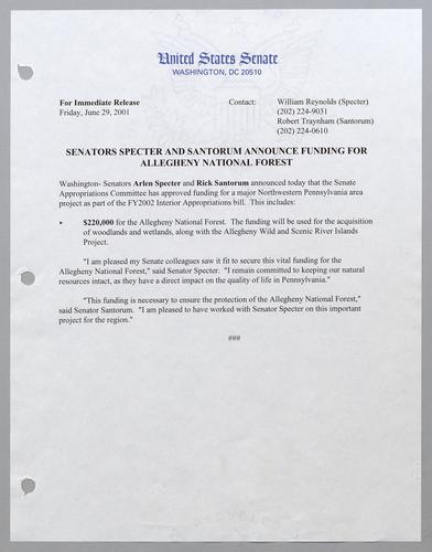 Senators Specter and Santorum announce funding for Allegheny National Forest