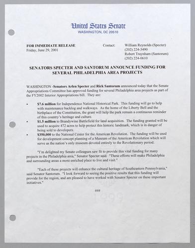 Senators Specter and Santorum announce funding for several Philadelphia area projects