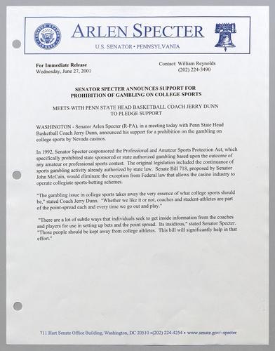 Senator Specter announces support for prohibition of gambling on college sports