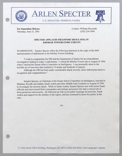 Specter applauds FBI effort resulting in Khobar Towers indictments