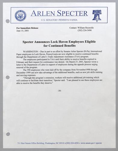 Specter announces Lock Haven employees eligible for continued benefits