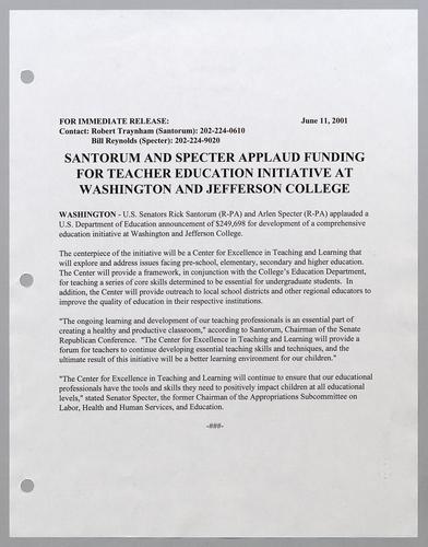 Santorum and Specter applaud funding for teacher education initiative at Washington and Jefferson College