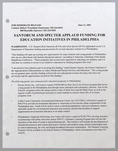 Santorum and Specter applaud funding for education initiatives in Philadelphia