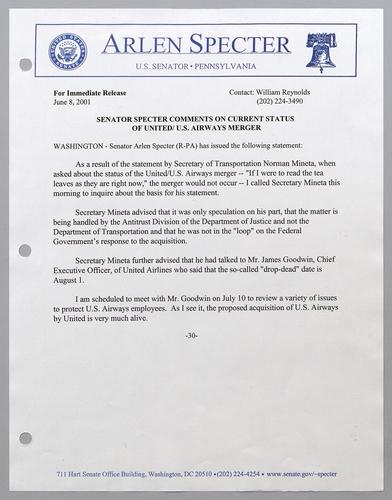Senator Specter comments on current status of United/U.S. Airways merger
