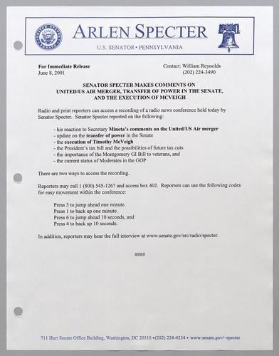 Senator Specter makes comments on United/U.S. Air merger, transfer of power in the Senate, and the execution of McVeigh