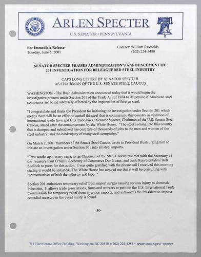 Senator Specter praises administration's announcement of 201 investigation for beleaguered steel industry