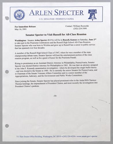 Senator Specter to visit Russell for all-class reunion