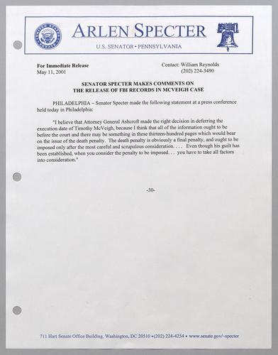 Senator Specter makes comments on the release of FBI records in McVeigh case