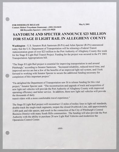 Santorum and Specter announce $23 million for stage II light rail in Allegheny County