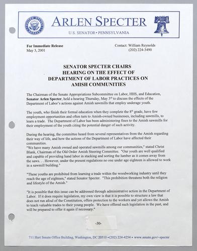 Senator Specter chairs hearing on the effect of Department of Labor practices on Amish communities