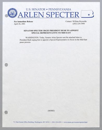 Senator Specter urges President Bush to appoint special representative to Mideast