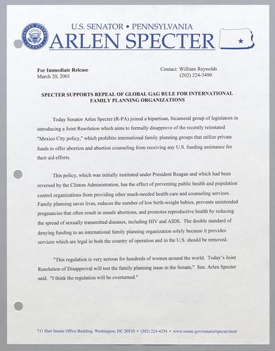 Specter supports repeal of global gag rule for international family planning organizations