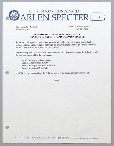 Senator Specter makes comments on tax cuts, bankruptcy, and campaign finance