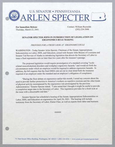 Senator Specter joins in introduction of legislation on ergonomics rule making