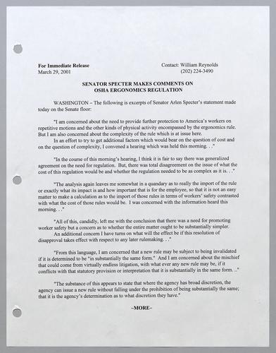 Senator Specter makes comments on OSHA ergonomics regulation