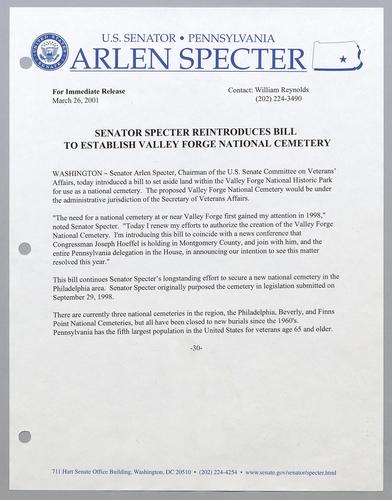 Senator Specter reintroduces bill to establish Valley Forge National Cemetery