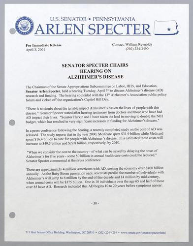 Senator Specter chairs hearing on Alzheimer's disease