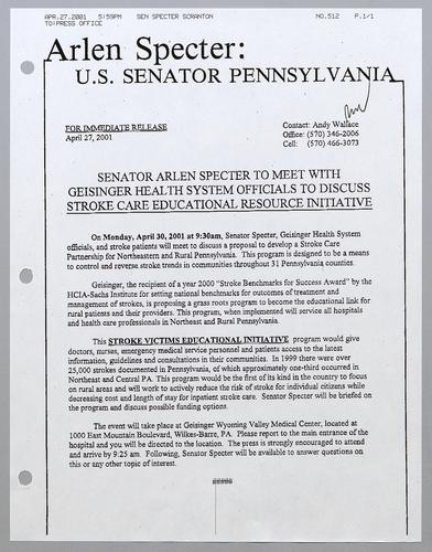 Senator Arlen Specter to meet with Geisinger Health System officials to discuss stroke care educational resource initiative