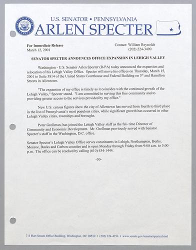 Senator Specter announces office expansion in Lehigh Valley