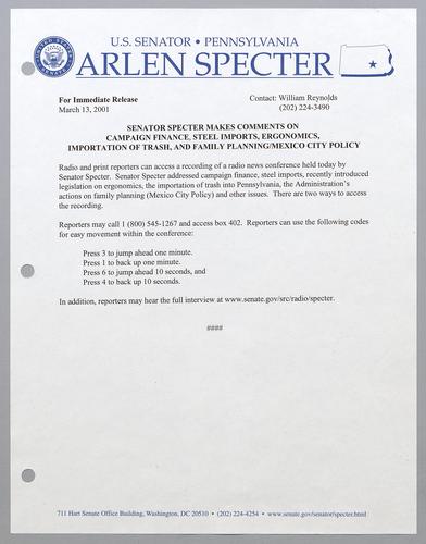 Senator Specter makes comments on campaign finance, steel imports, ergonomics, importation of trash, and family planning/Mexico City policy