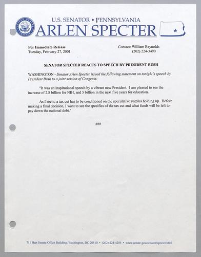 Senator Specter reacts to speech by President Bush