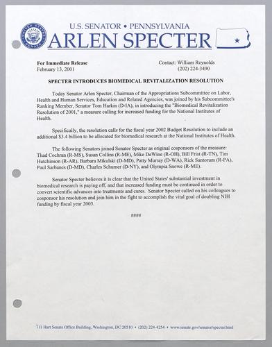 Specter introduces biomedical revitalization resolution