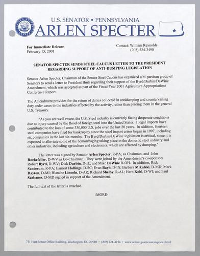 Senator Specter sends steel caucus letter to the President regarding support of anti-dumping legislation