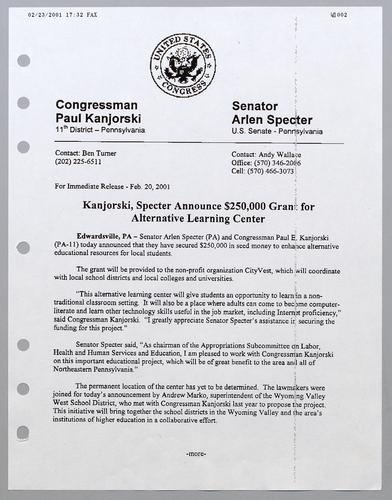 Kanjorski, Specter announce $250,000 grant for alternative learning center