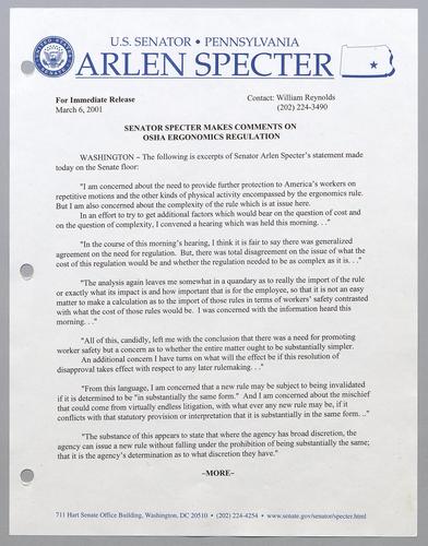 Senator Specter makes comments on OSHA ergonomics regulation