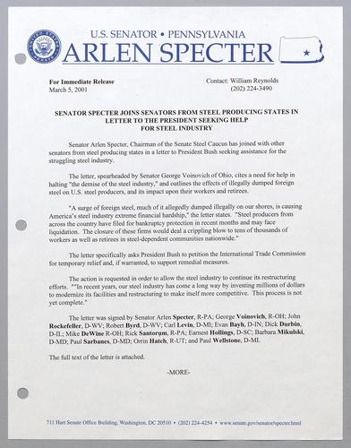 Senator Specter joins Senators from steel producing states in letter to the President seeking help for steel industry