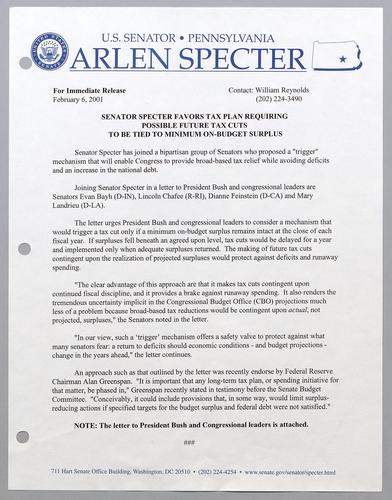 Senator Specter favors tax plan requiring possible future tax cuts to be tied to minimum on-budget surplus
