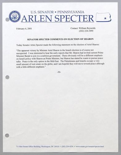 Senator Specter comments on election of Sharon