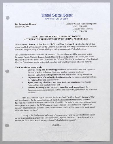 Senators Specter and Harkin introduce act for comprehensive study of voting procedures