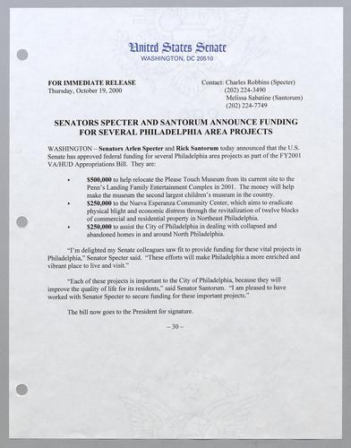 Senators Specter and Santorum announce funding for several Philadelphia area projects