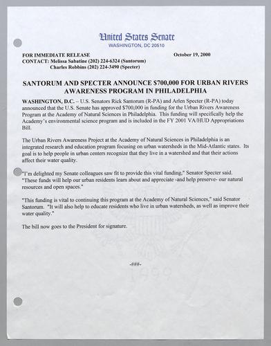 Santorum and Specter announce $700,000 for urban rivers awareness program in Philadelphia