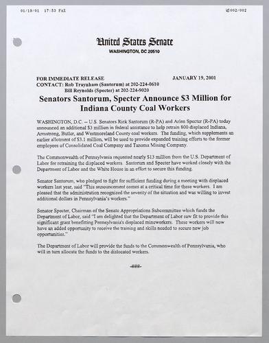 Senators Santorum, Specter announce $3 million for Indiana County coal workers