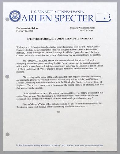 Specter secures Army Corps help to fix sinkholes