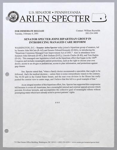 Senator Specter joins bipartisan group in introducing managed care reform