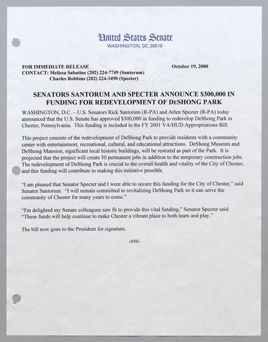 Senators Santorum and Specter announce $300,000 in funding for redevelopment of DeShong Park