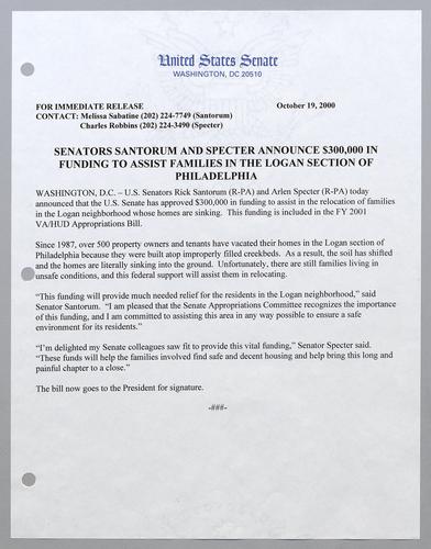 Senators Santorum and Specter announce $300,000 in funding to assist families in the Logan section of Philadelphia