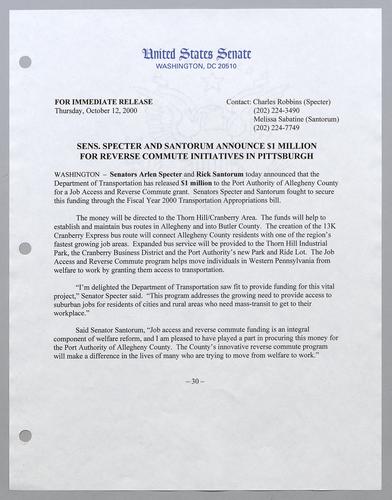 Senators Specter and Santorum announce $1 million for reverse commute initiatives in Pittsburgh