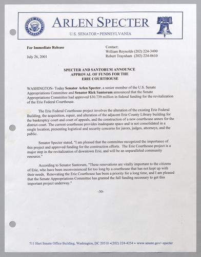 Specter and Santorum announce approval of funds for the Erie courthouse