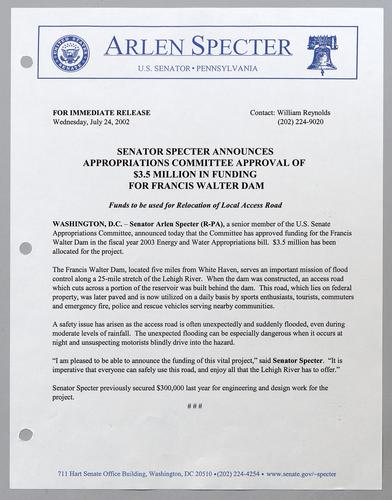 Senator Specter announces Appropriations Committee approval of $3.5 million in funding for Francis Walter Dam