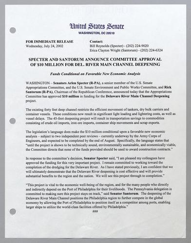 Specter and Santorum announce committee approval of $10 million for Delaware River main channel deepening