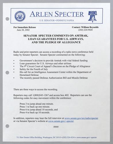 Senator Specter comments on Amtrak, loan guarantees for U.S. Airways, and the pledge of allegiance