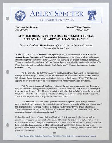 Specter joins Pennsylvania delegation in seeking federal approval of U.S. Airways loan guarantee